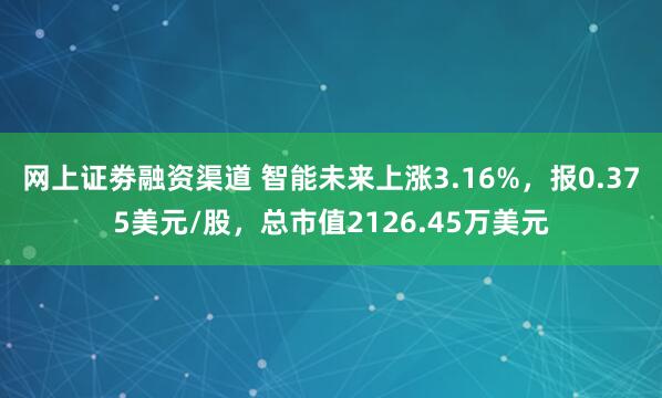 网上证劵融资渠道 智能未来上涨3.16%，报0.375美元/股，总市值2126.45万美元